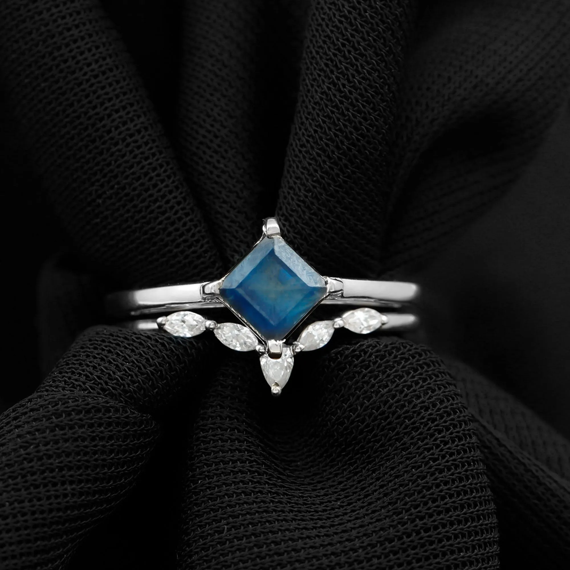1.25 CT Princess Cut Created Blue Sapphire Solitaire Ring Set with Diamond