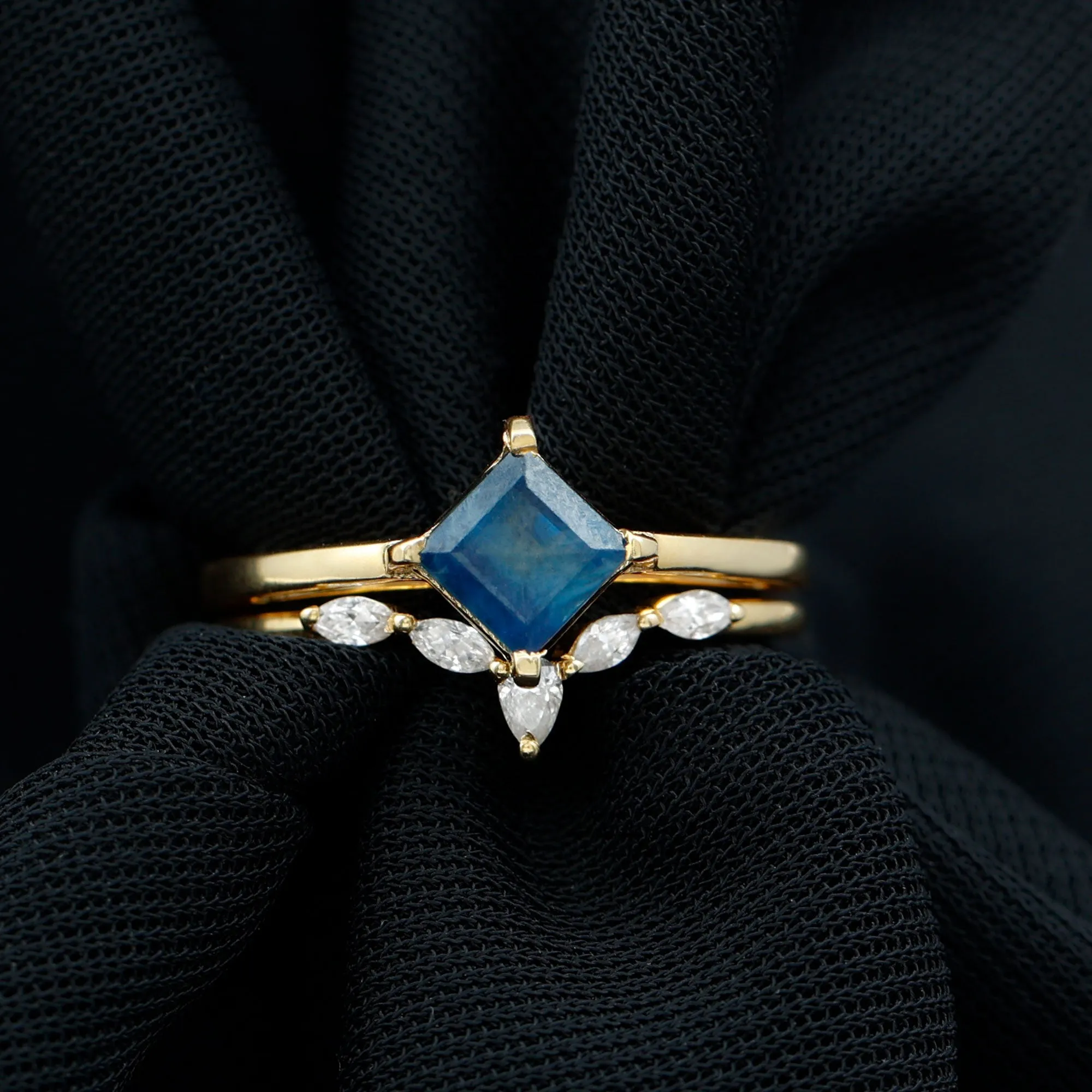 1.25 CT Princess Cut Created Blue Sapphire Solitaire Ring Set with Diamond
