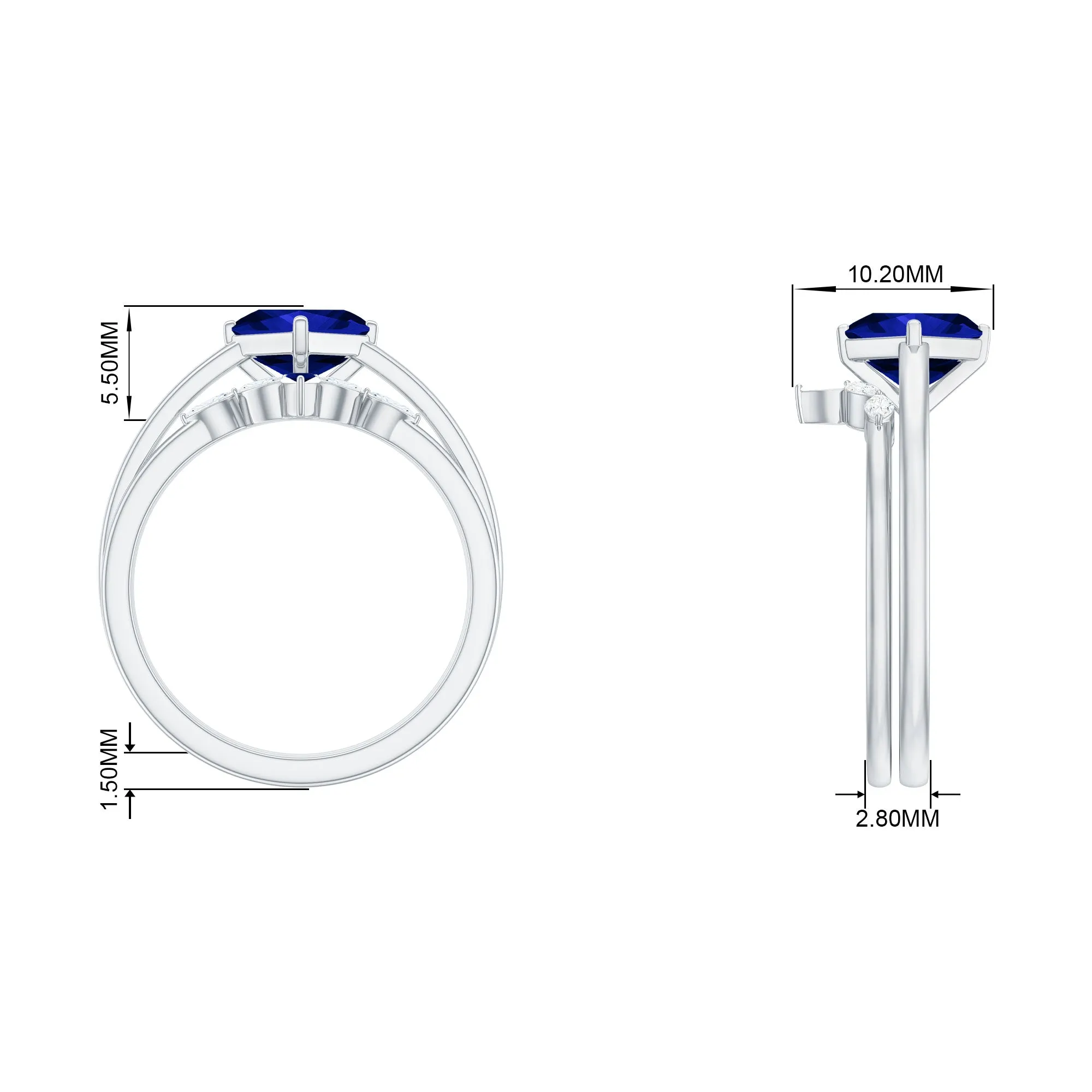 1.25 CT Princess Cut Created Blue Sapphire Solitaire Ring Set with Diamond