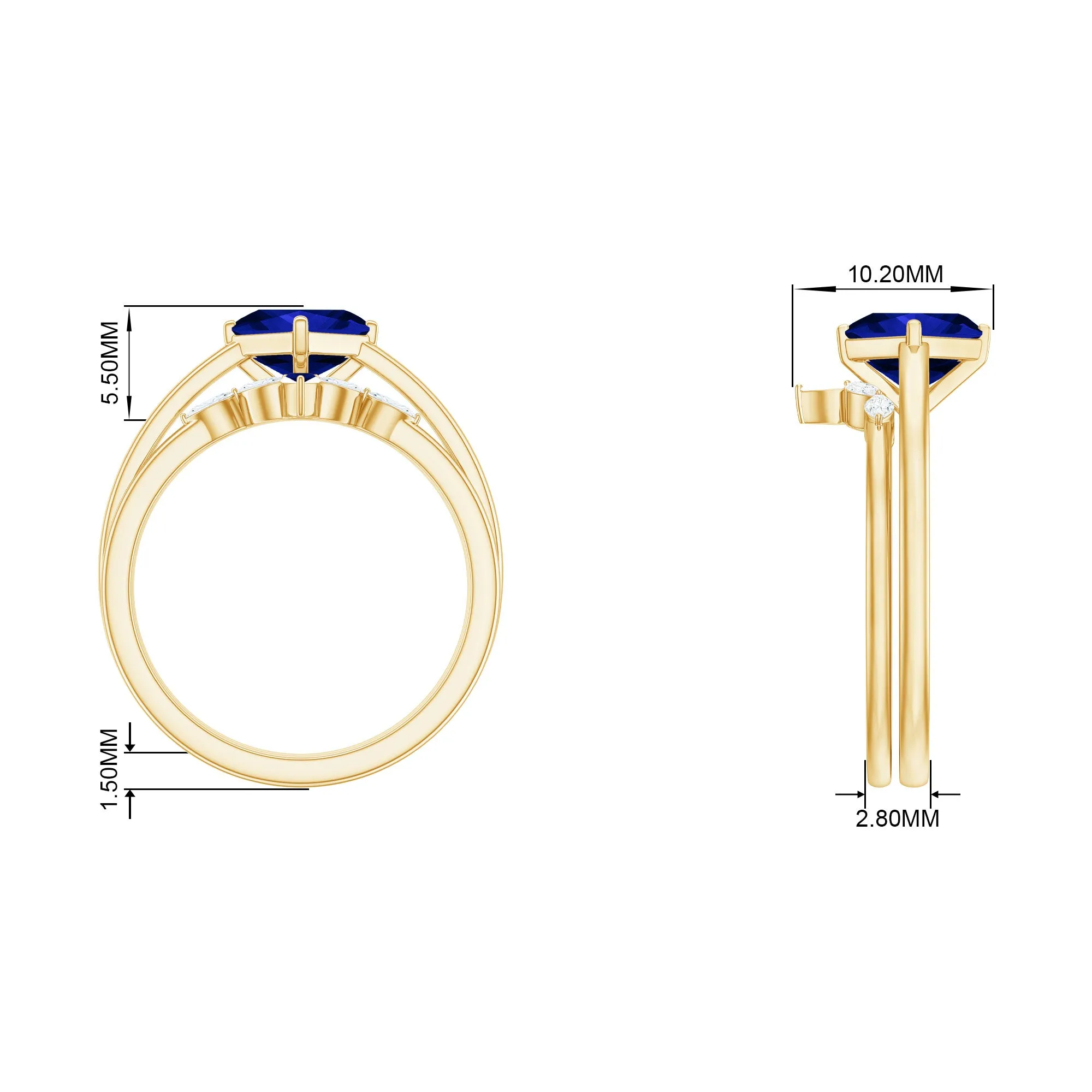 1.25 CT Princess Cut Created Blue Sapphire Solitaire Ring Set with Diamond