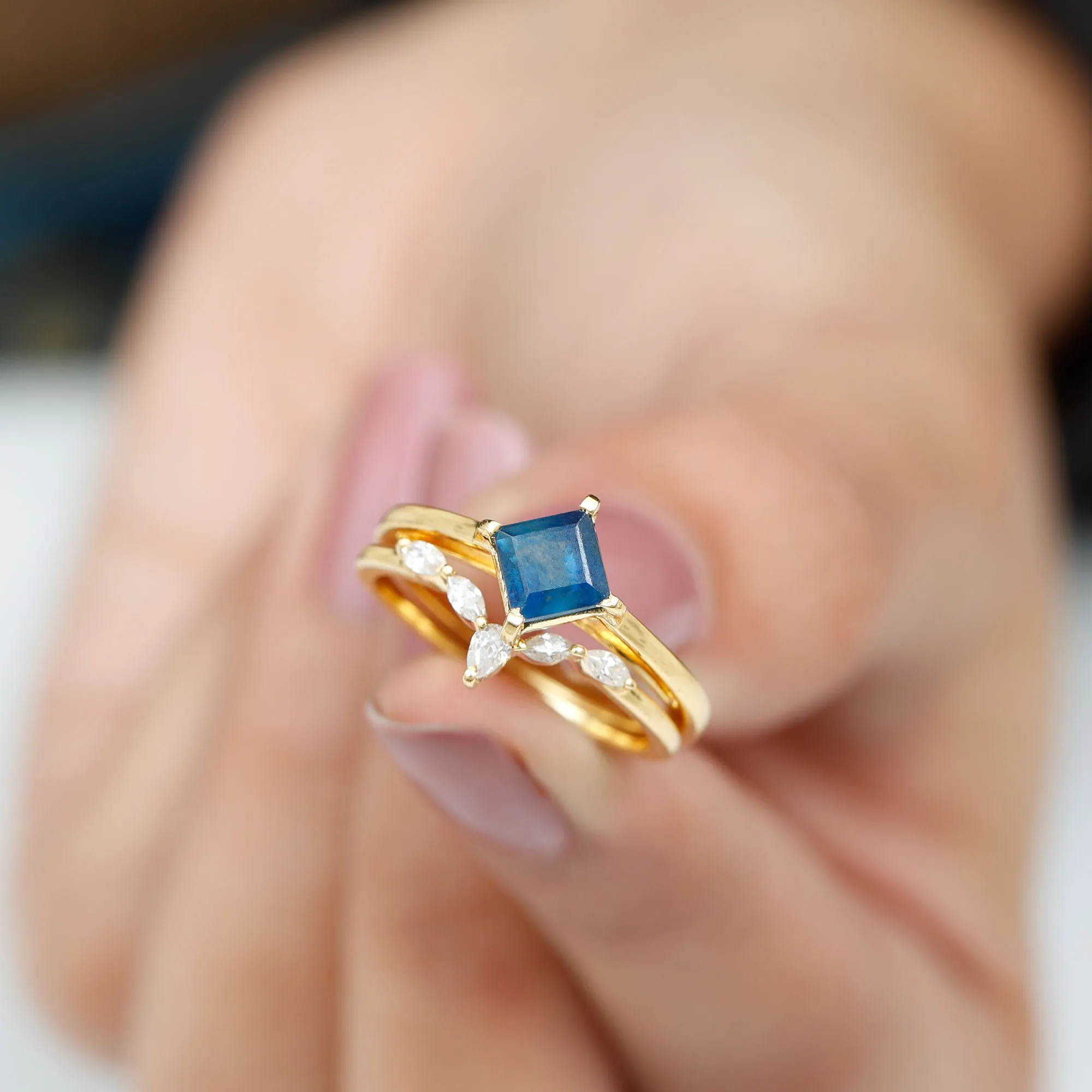 1.25 CT Princess Cut Created Blue Sapphire Solitaire Ring Set with Diamond