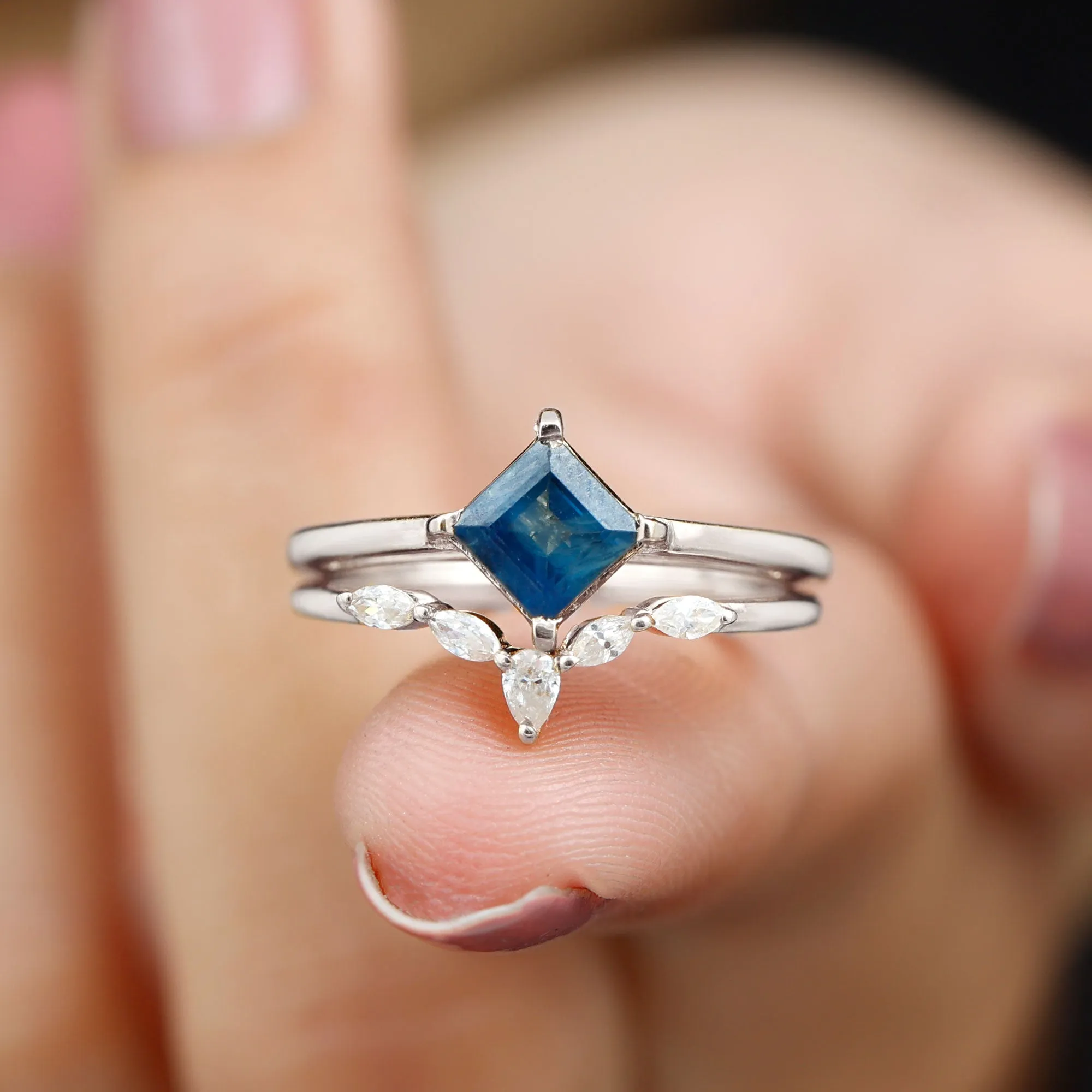 1.25 CT Princess Cut Created Blue Sapphire Solitaire Ring Set with Diamond