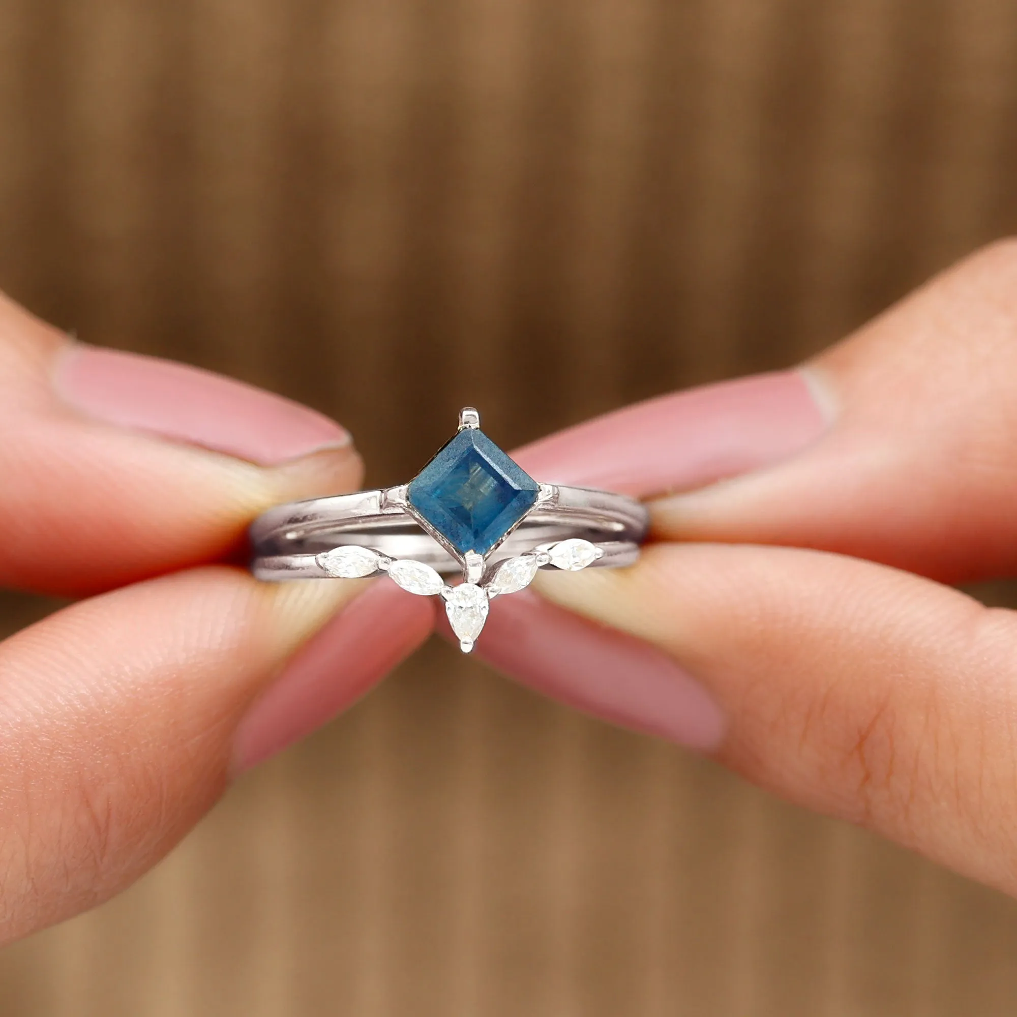 1.25 CT Princess Cut Created Blue Sapphire Solitaire Ring Set with Diamond