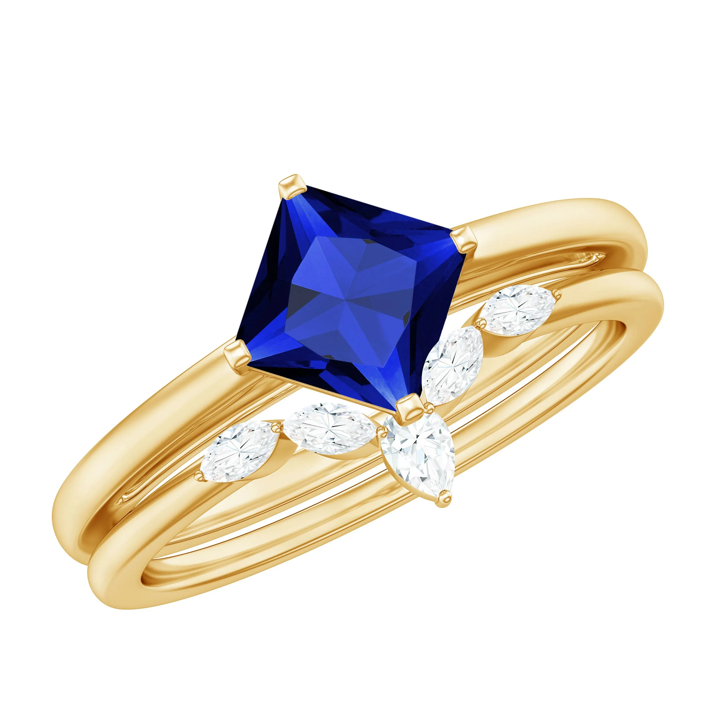 1.25 CT Princess Cut Created Blue Sapphire Solitaire Ring Set with Diamond