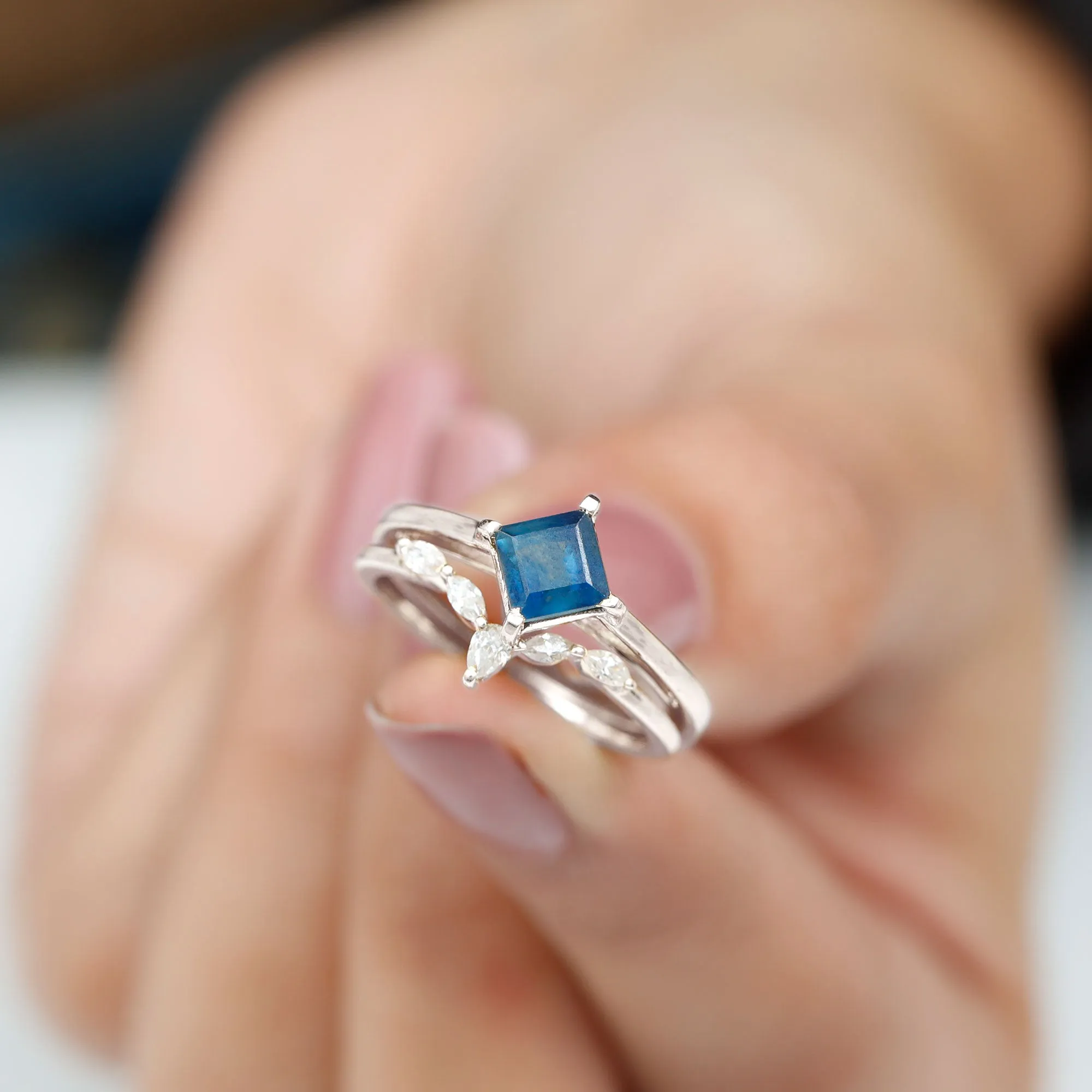 1.25 CT Princess Cut Created Blue Sapphire Solitaire Ring Set with Diamond