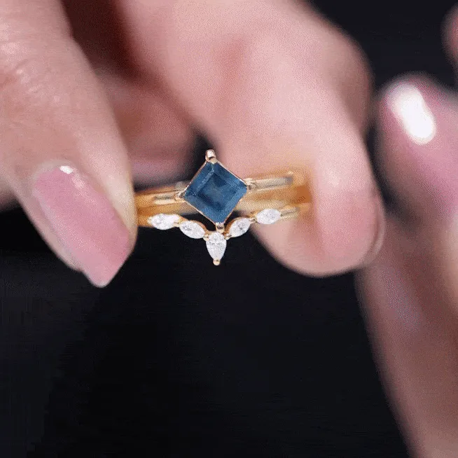 1.25 CT Princess Cut Created Blue Sapphire Solitaire Ring Set with Diamond