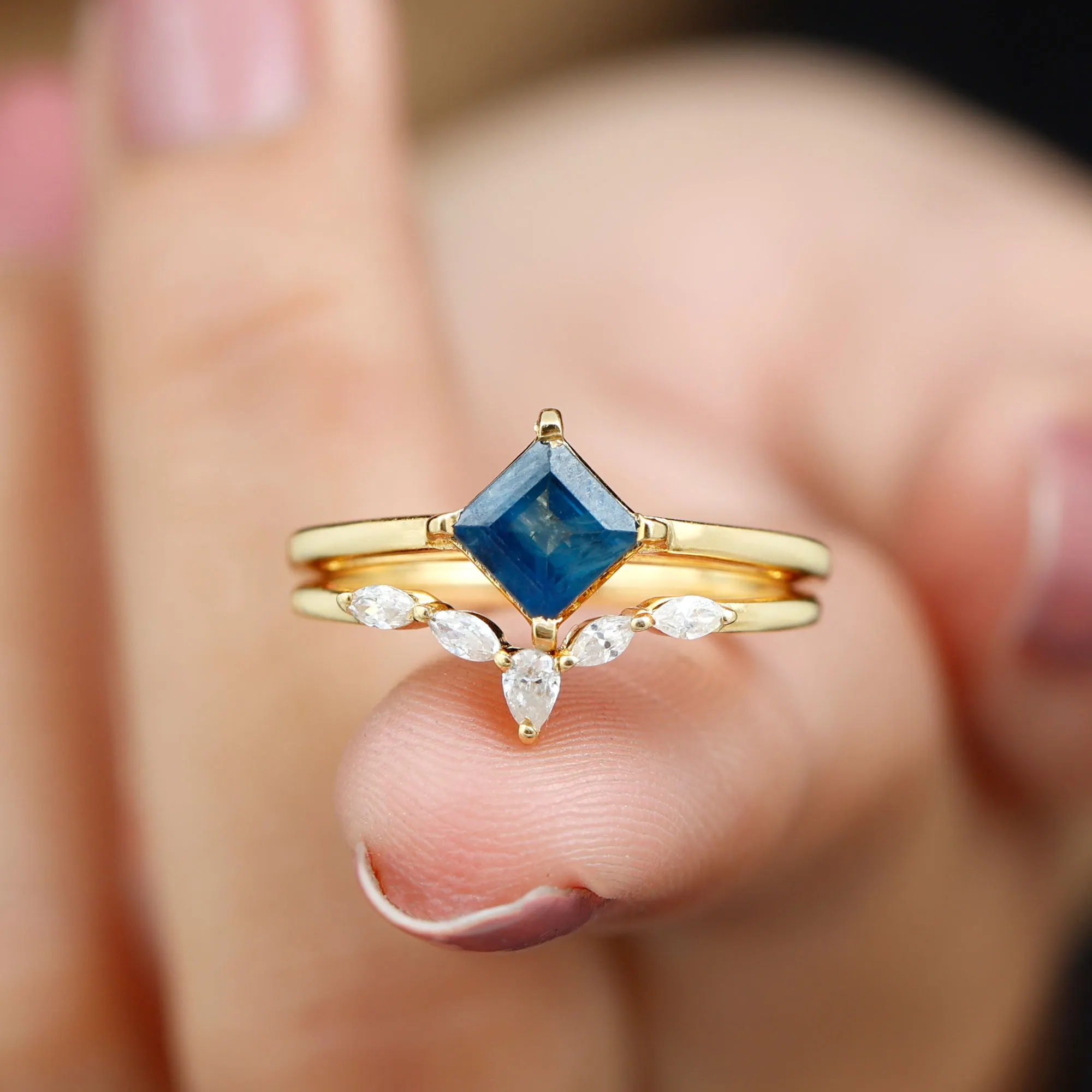1.25 CT Princess Cut Created Blue Sapphire Solitaire Ring Set with Diamond