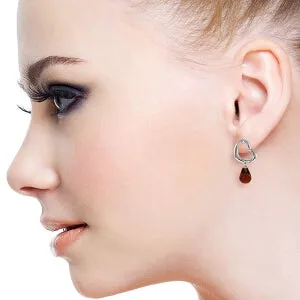 14K Solid White Gold Heart Earrings w/ Dangling Natural Garnets