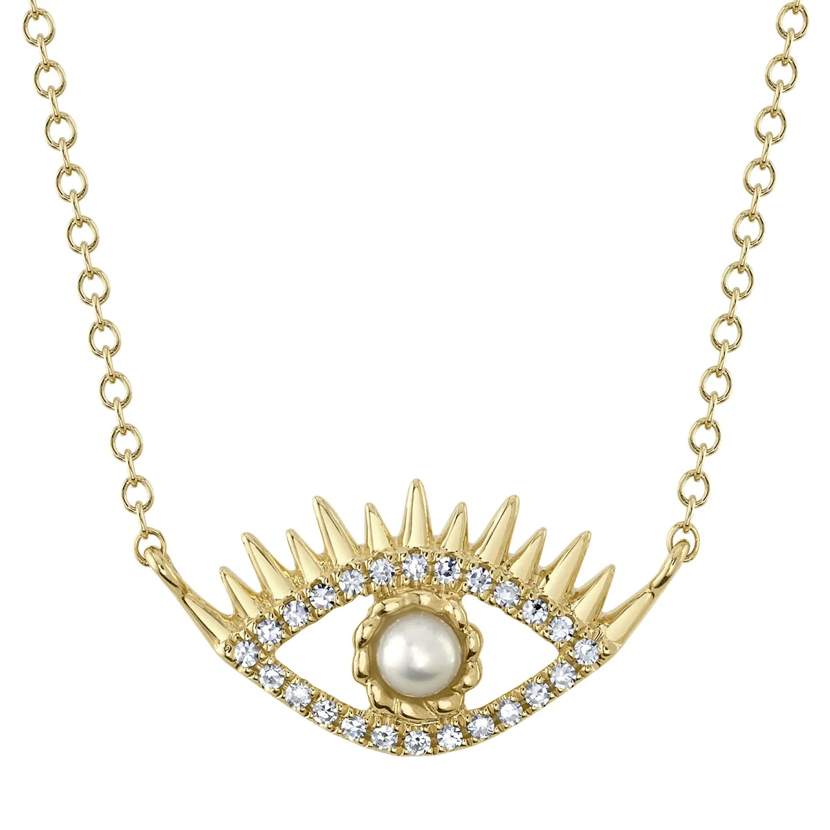14K Yellow Gold Diamond and Cultured Pearl Eye Necklace