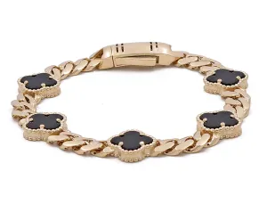 14K Yellow Gold Women's Fashion Onyx Flowers and Cuban Link Bracelet