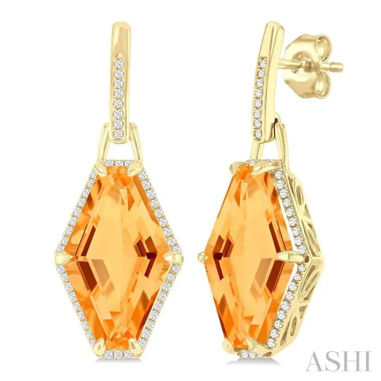 16x10 MM Hexagon Shape Citrine and 1/4 ctw Round Cut Diamond Halo Semi Precious Earrings in 14K Yellow Gold