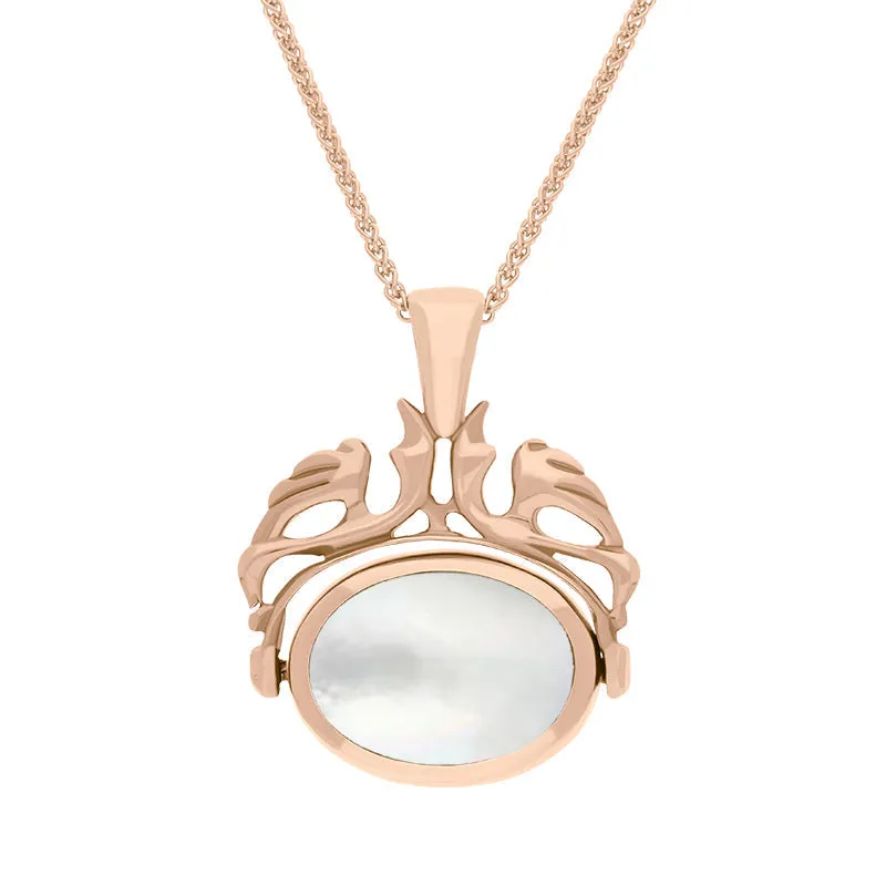 18ct Rose Gold Blue John Mother Of Pearl Double Sided Oval Swivel Fob Necklace