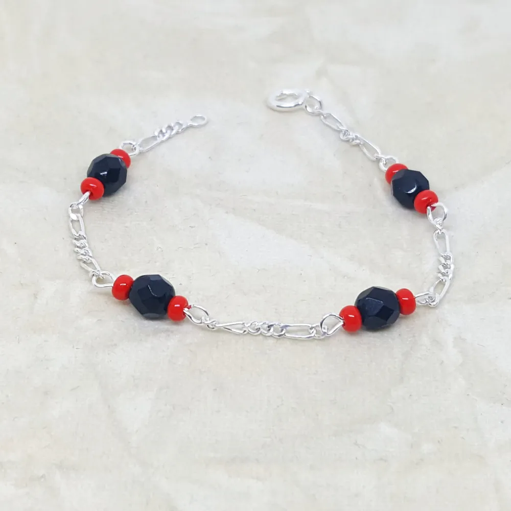 2-0458-h2 Sterling Silver Black Faceted Onyx Bead Bracelet. azabache.