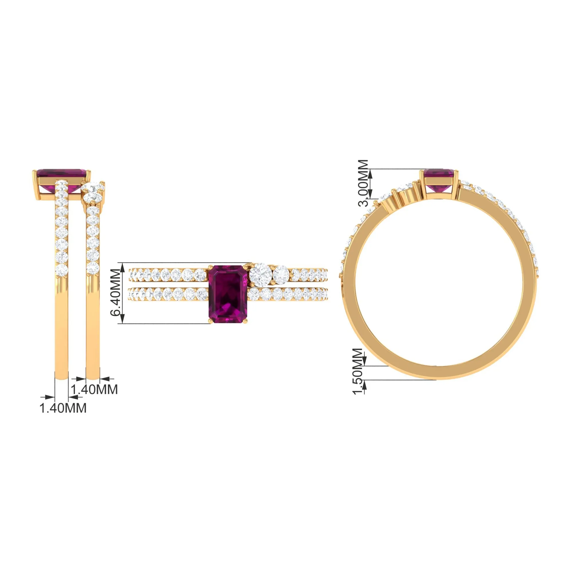 2.75 CT Emerald Cut Rhodolite and Diamond Stackable Ring Set