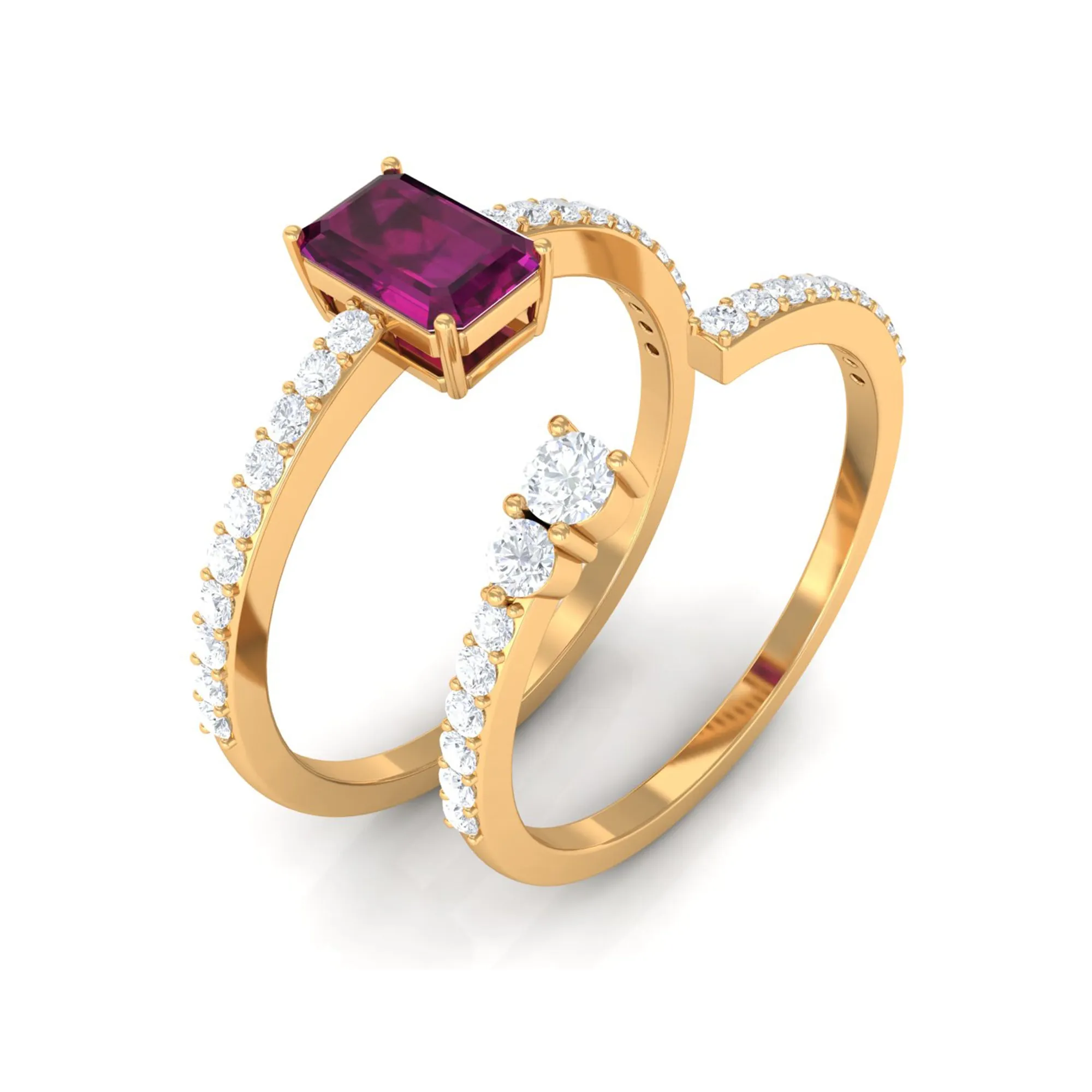 2.75 CT Emerald Cut Rhodolite and Diamond Stackable Ring Set