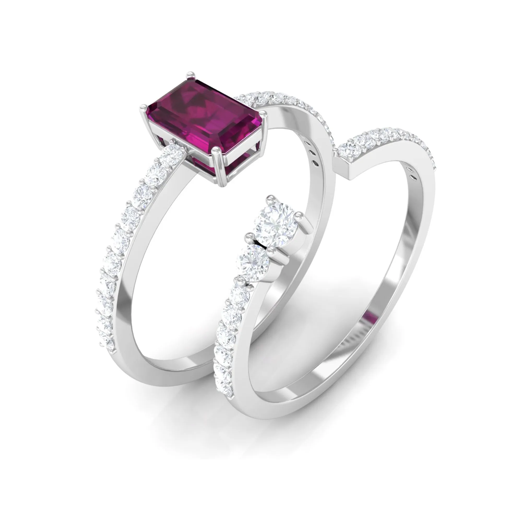 2.75 CT Emerald Cut Rhodolite and Diamond Stackable Ring Set