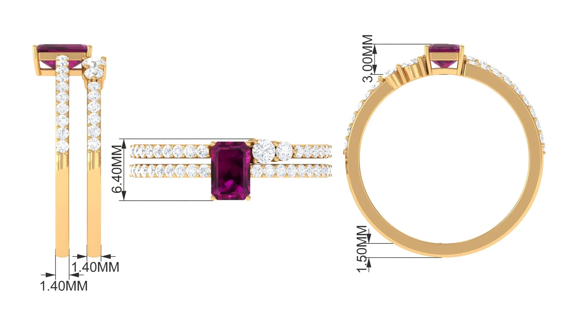 2.75 CT Emerald Cut Rhodolite and Diamond Stackable Ring Set