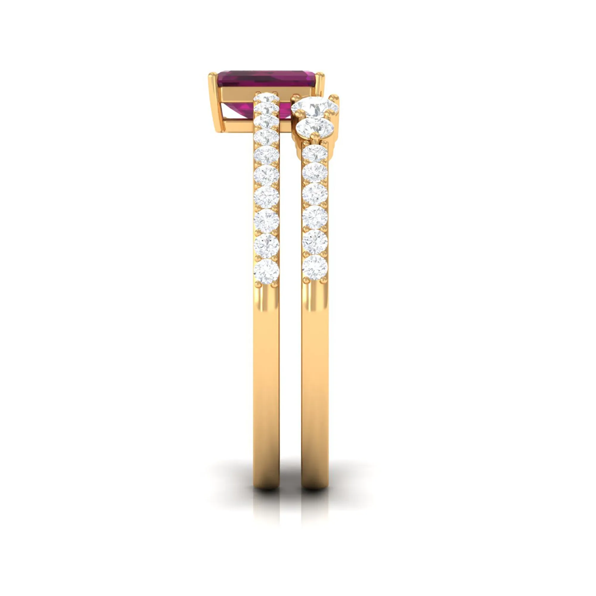 2.75 CT Emerald Cut Rhodolite and Diamond Stackable Ring Set