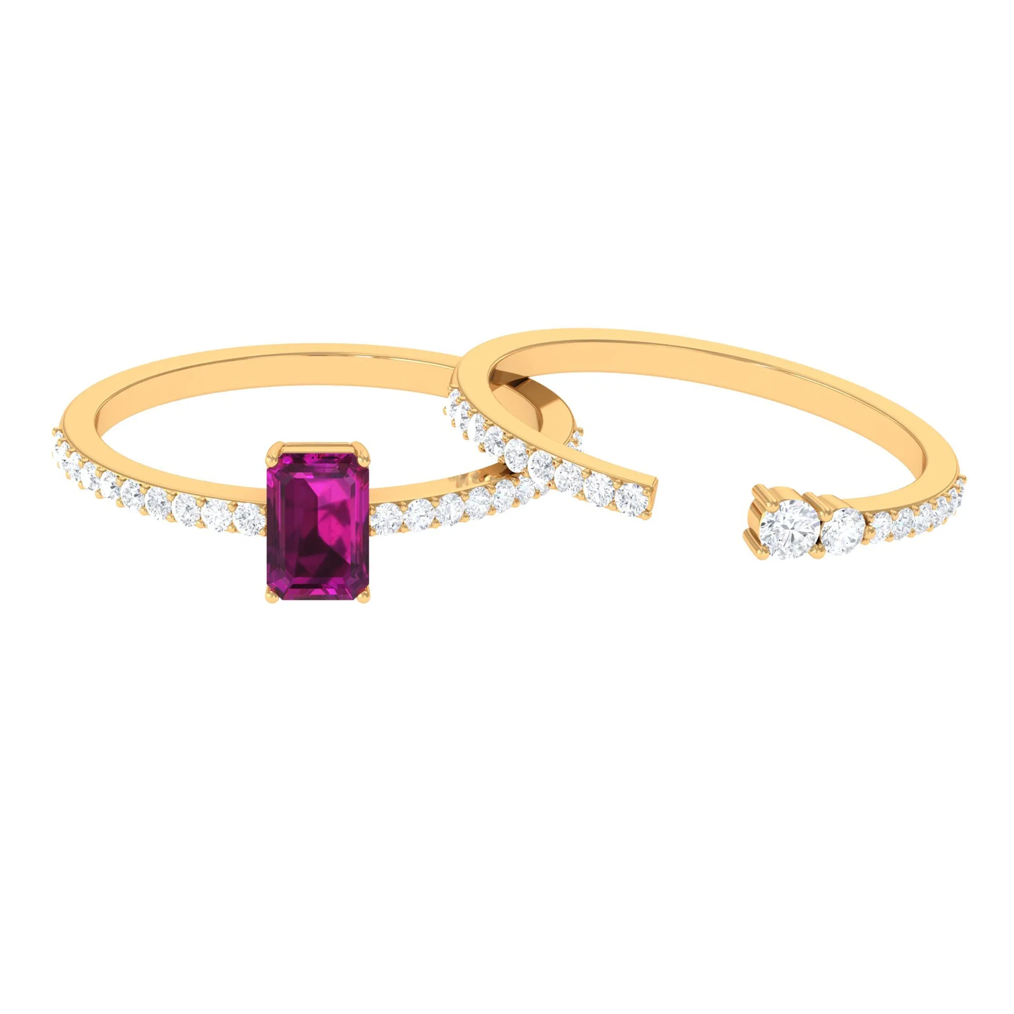 2.75 CT Emerald Cut Rhodolite and Diamond Stackable Ring Set