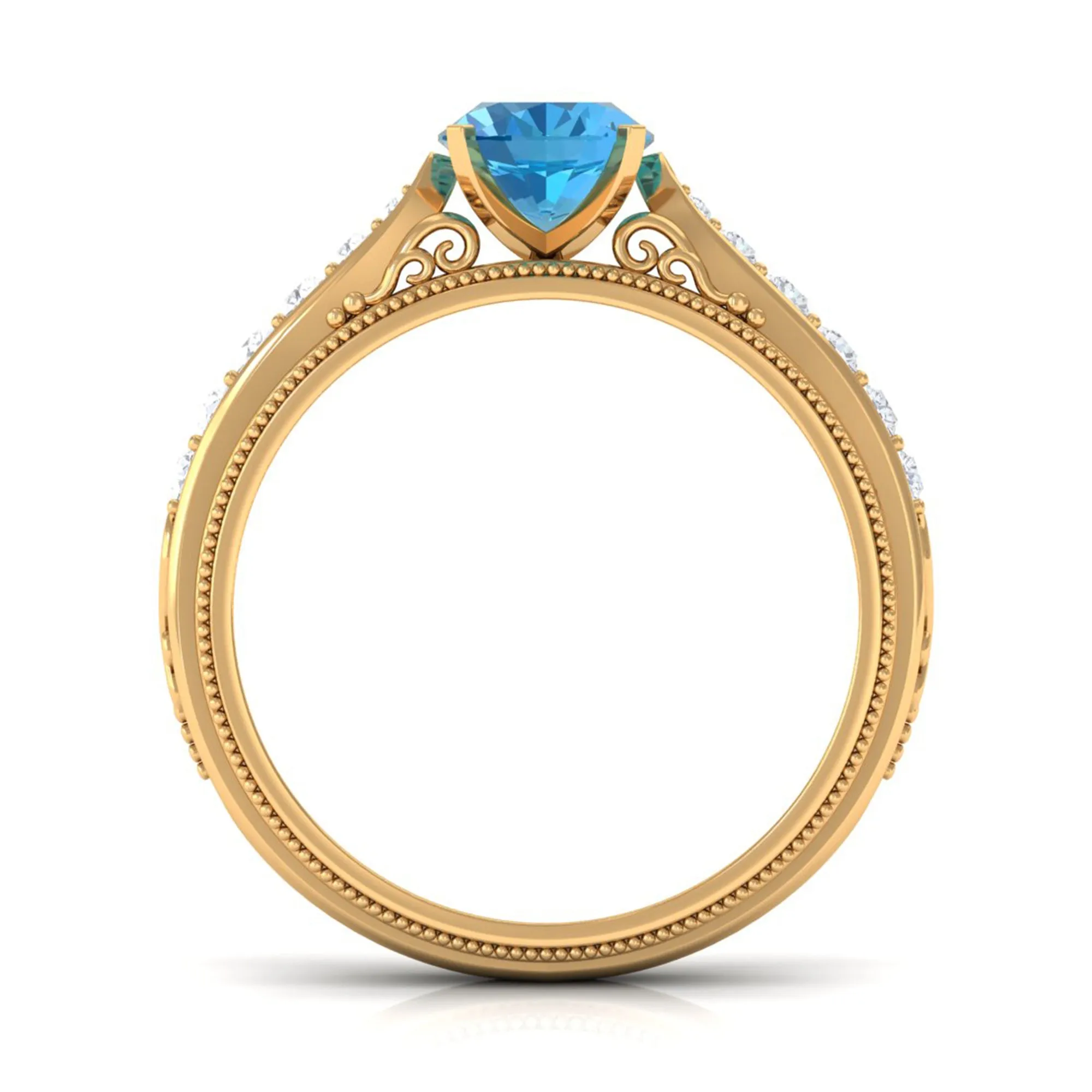 8X6 MM Oval Cut Swiss Blue Topaz Solitaire and Diamond Side Stone Ring