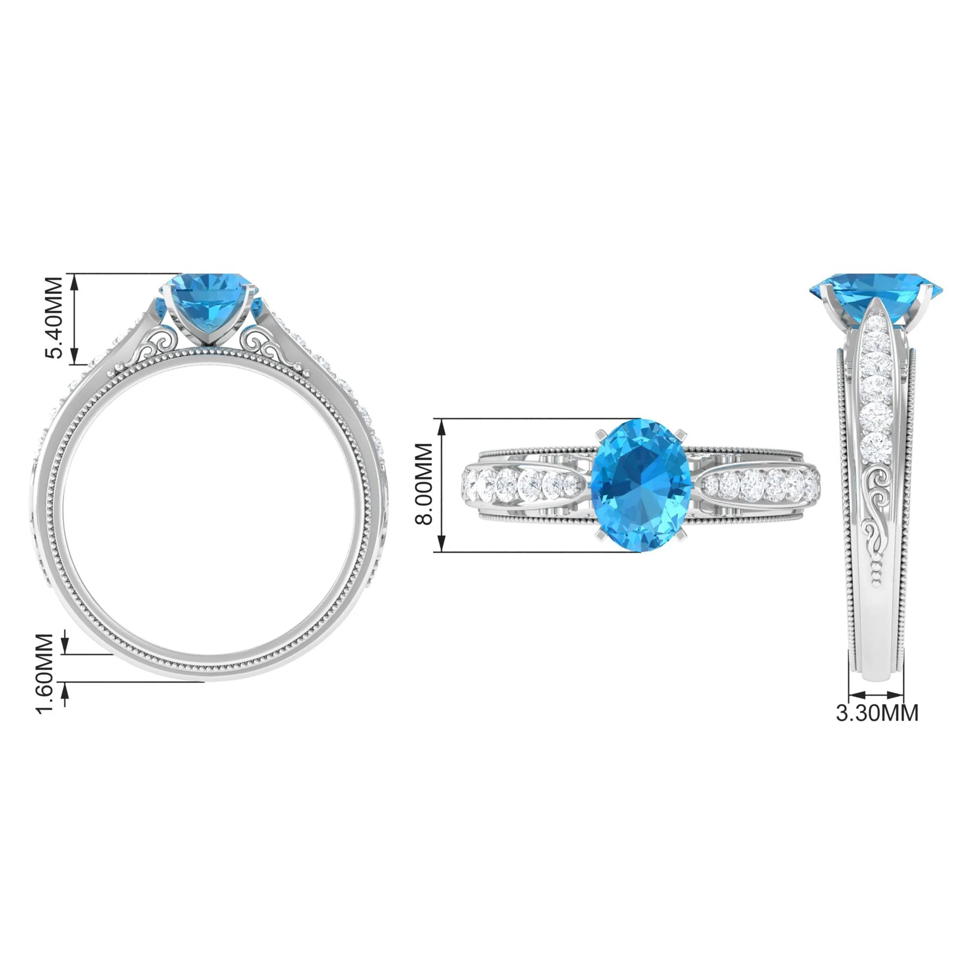 8X6 MM Oval Cut Swiss Blue Topaz Solitaire and Diamond Side Stone Ring