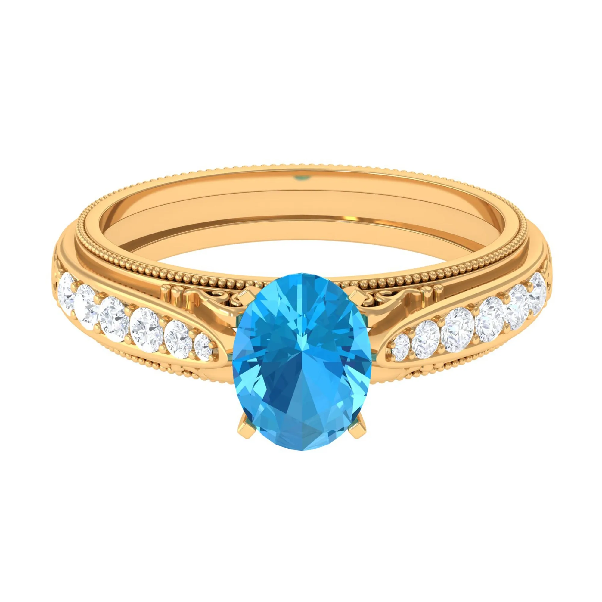 8X6 MM Oval Cut Swiss Blue Topaz Solitaire and Diamond Side Stone Ring