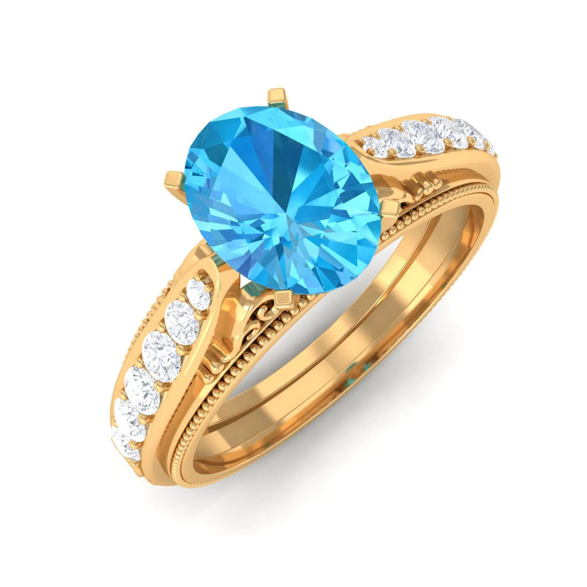 8X6 MM Oval Cut Swiss Blue Topaz Solitaire and Diamond Side Stone Ring