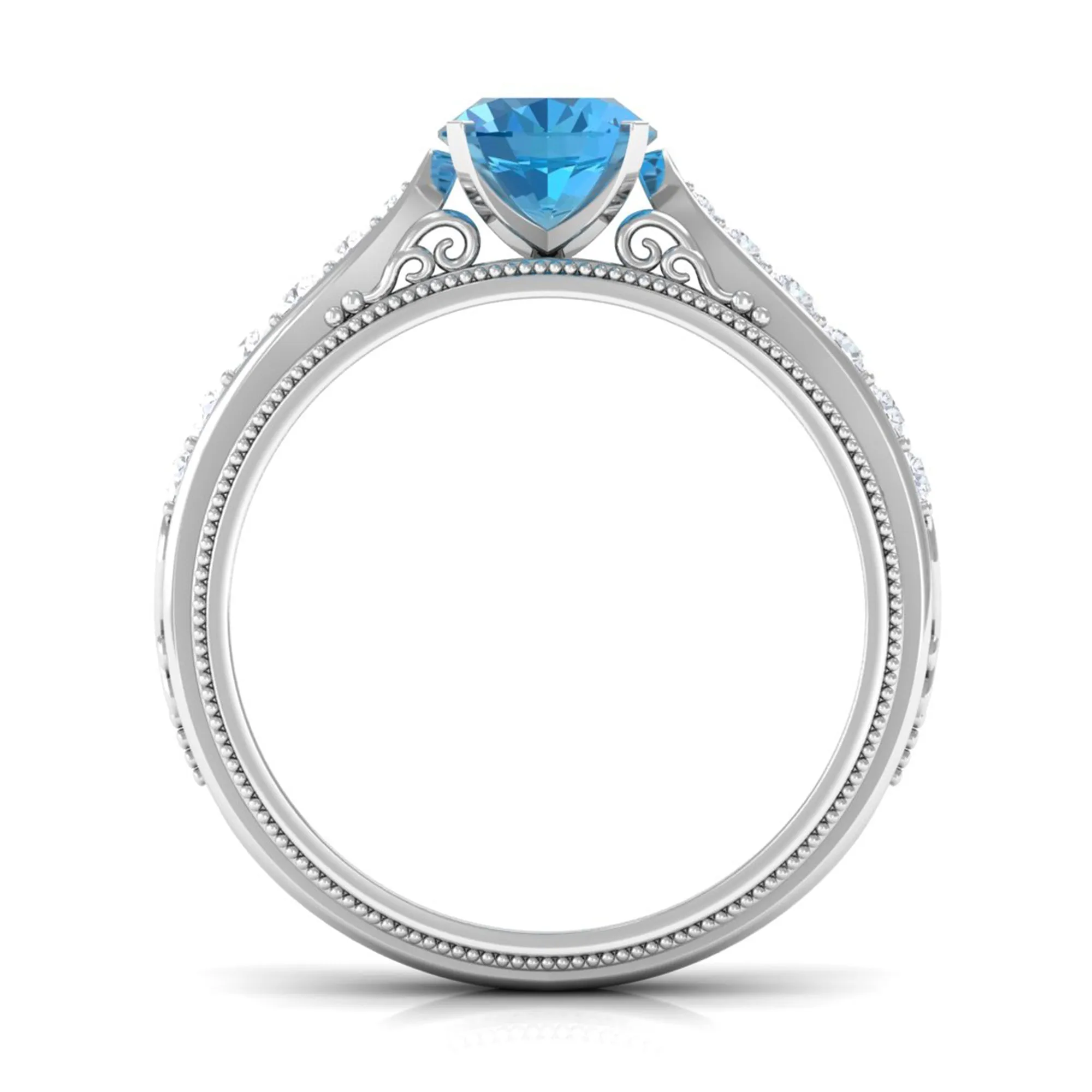 8X6 MM Oval Cut Swiss Blue Topaz Solitaire and Diamond Side Stone Ring