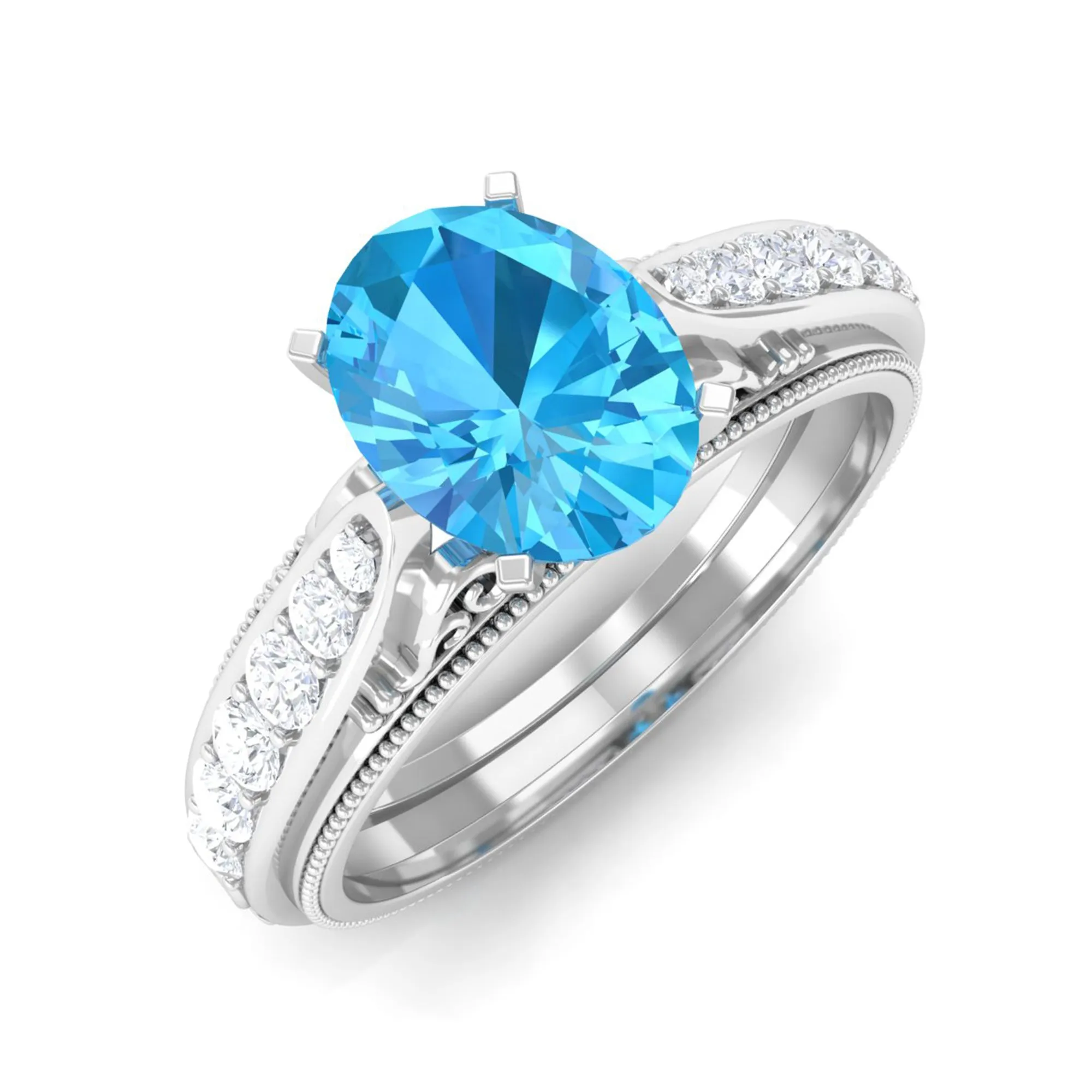 8X6 MM Oval Cut Swiss Blue Topaz Solitaire and Diamond Side Stone Ring