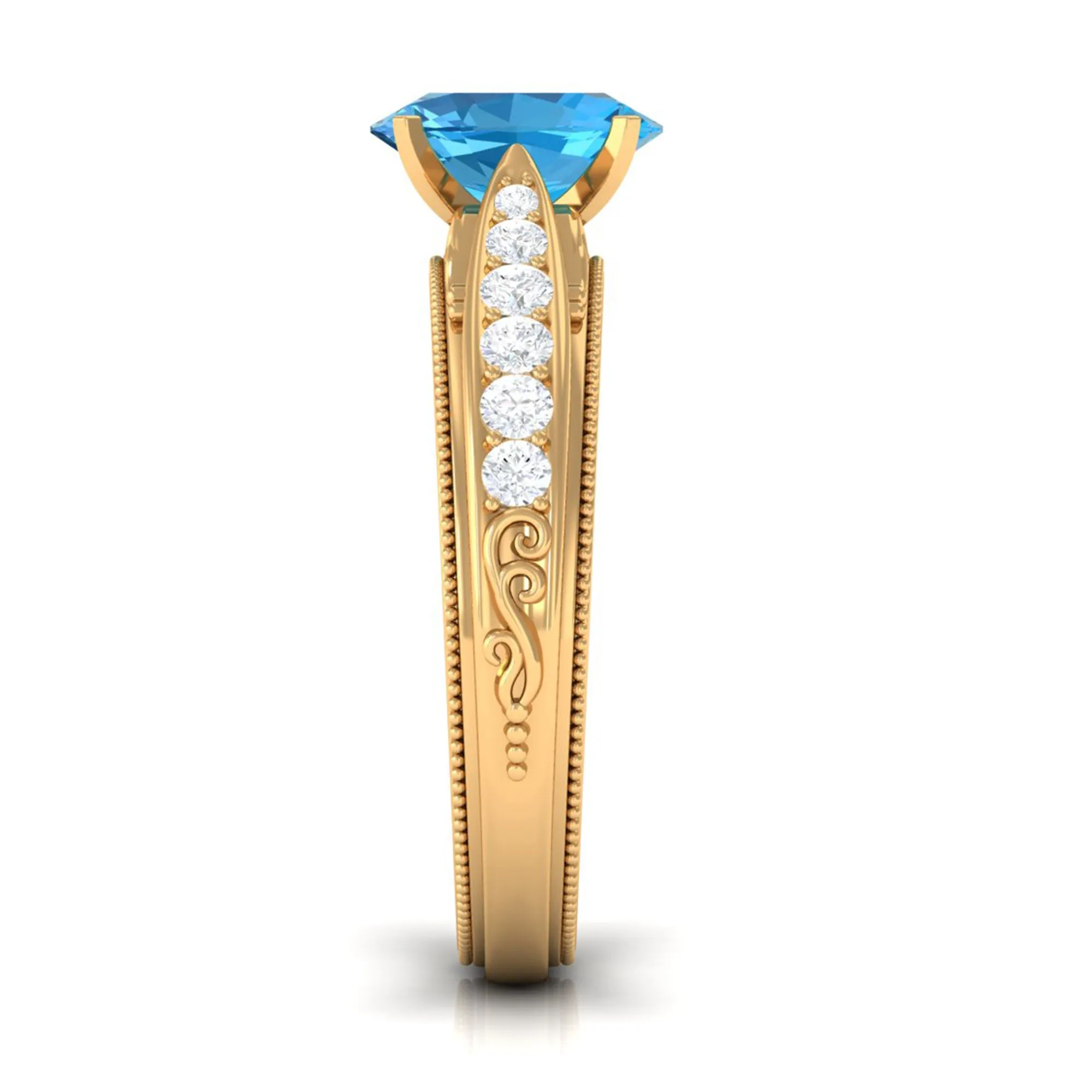 8X6 MM Oval Cut Swiss Blue Topaz Solitaire and Diamond Side Stone Ring