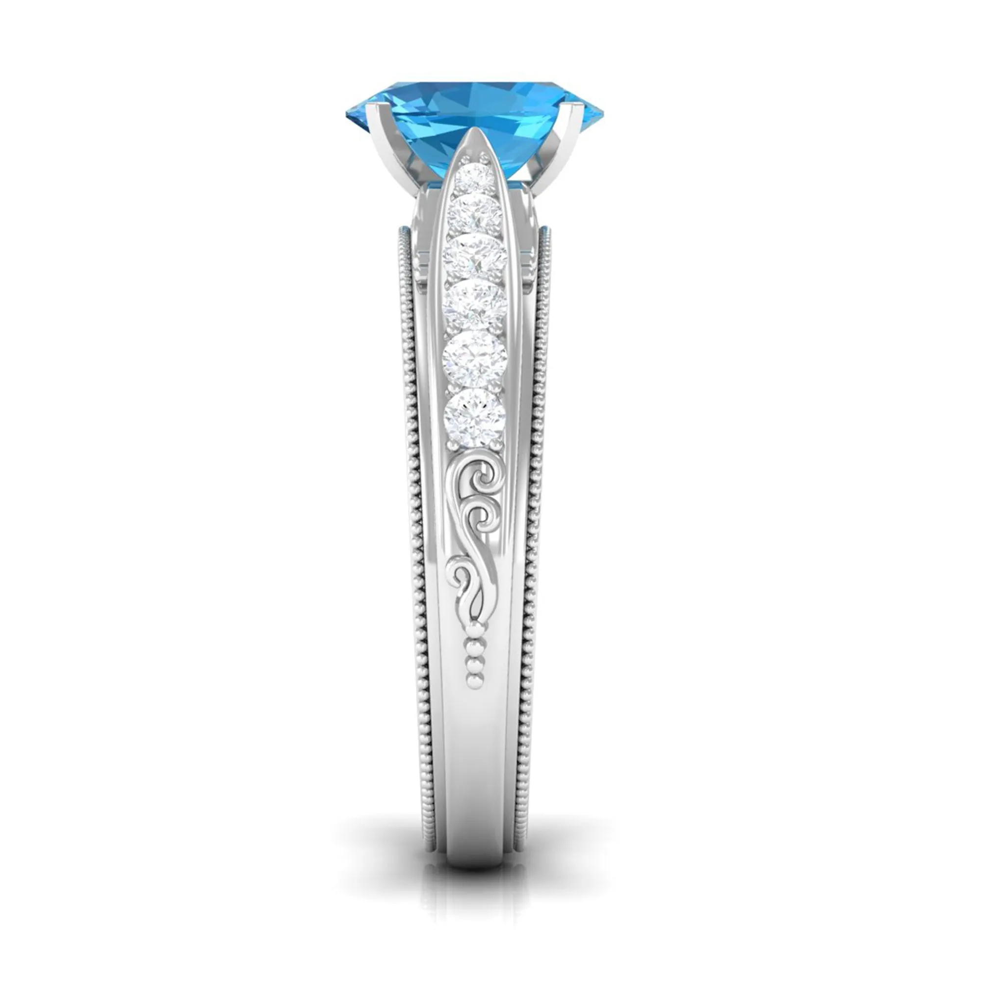 8X6 MM Oval Cut Swiss Blue Topaz Solitaire and Diamond Side Stone Ring