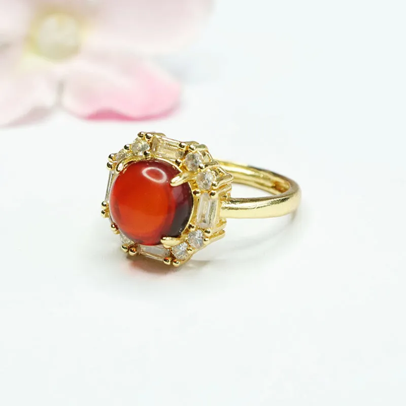 Amber Beeswax Halo Ring with Zircon Accent - Adjustable Sterling Silver Ring
