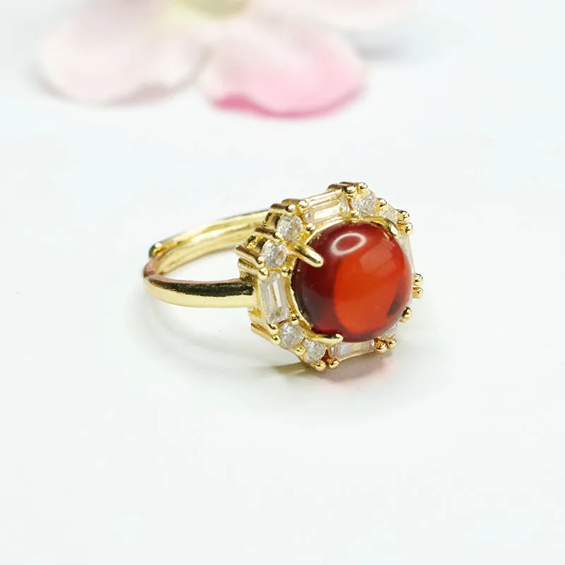 Amber Beeswax Halo Ring with Zircon Accent - Adjustable Sterling Silver Ring