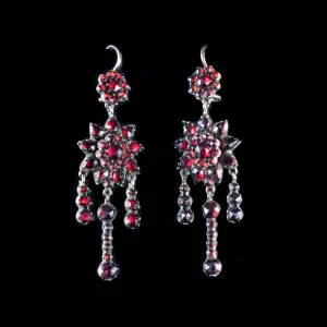 Antique Victorian Garnet Long Earrings Garnet Gold Circa 1890