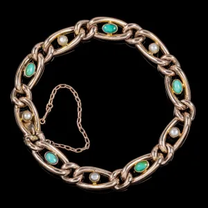 Antique Victorian Turquoise Pearl 9Ct Rose Gold Bracelet Circa 1900