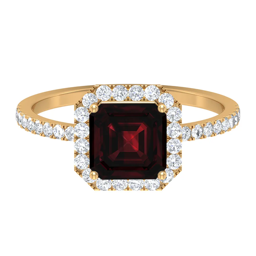 Asscher Cut Garnet Halo Engagement Ring with Diamond