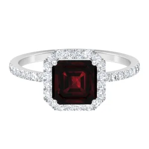Asscher Cut Garnet Halo Engagement Ring with Diamond