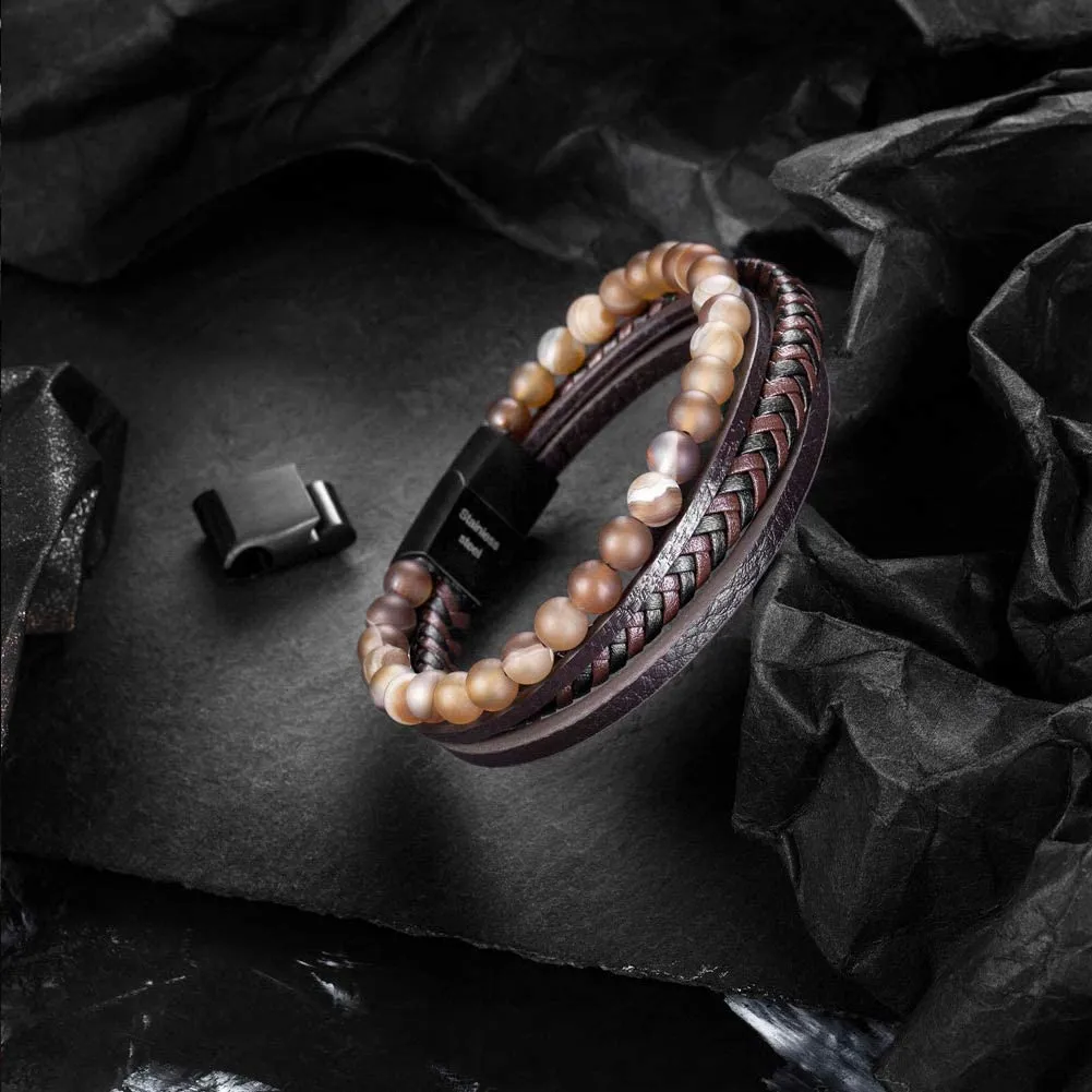 Beaded Lifestyle Brown Onyx Bead Leather Bracelet for Men