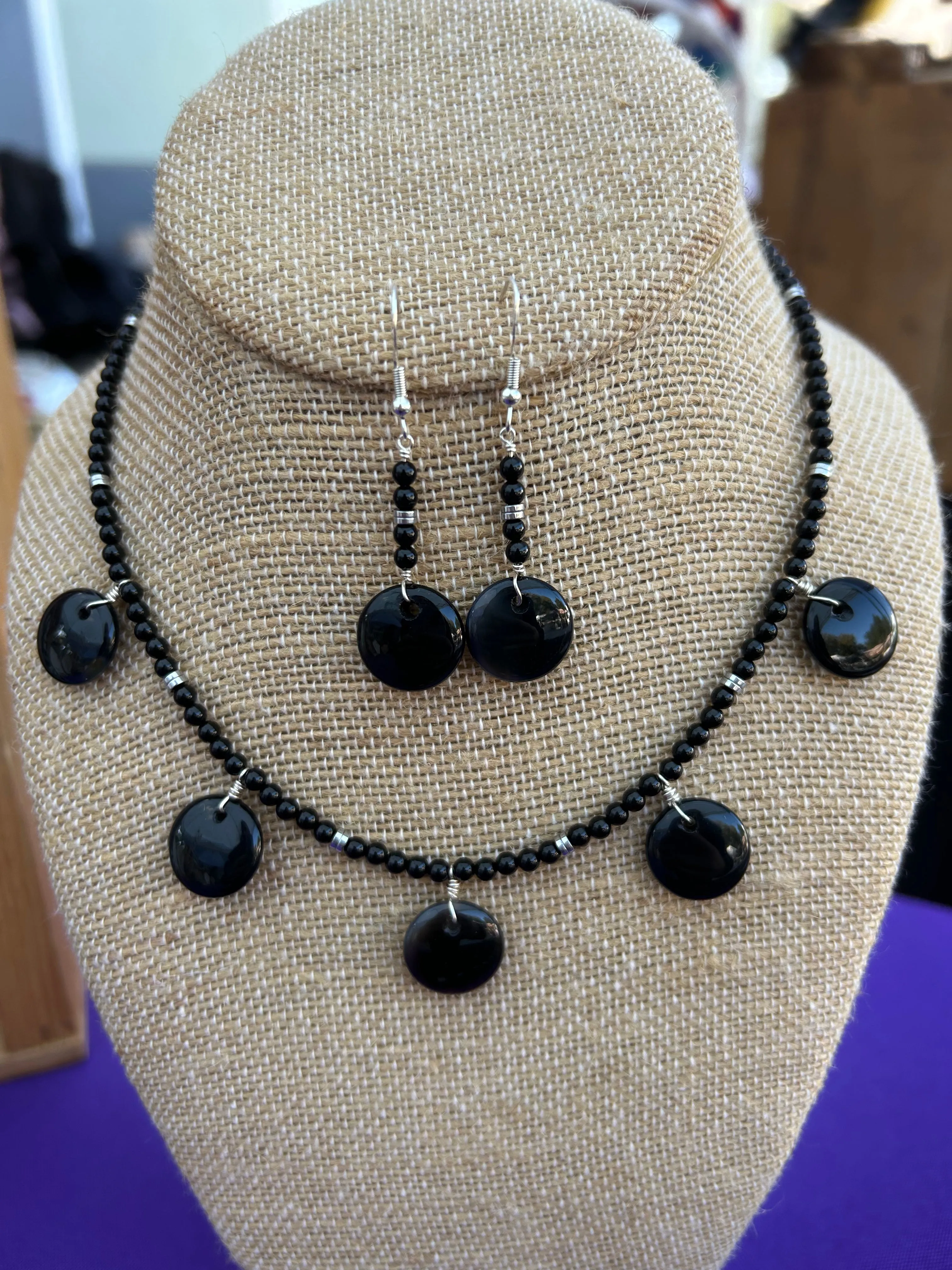 Black Onyx & Black Agate Disc Necklace & Earrings Set