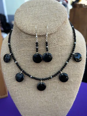Black Onyx & Black Agate Disc Necklace & Earrings Set