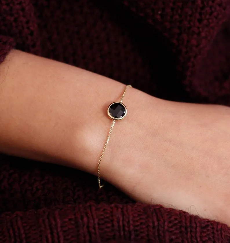 Black Onyx Gold Bracelet, Delicate Chain Bracelet, Solid Gold Bracelet for Women
