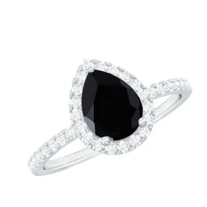 Black Onyx Teardrop Engagement Ring with Diamond