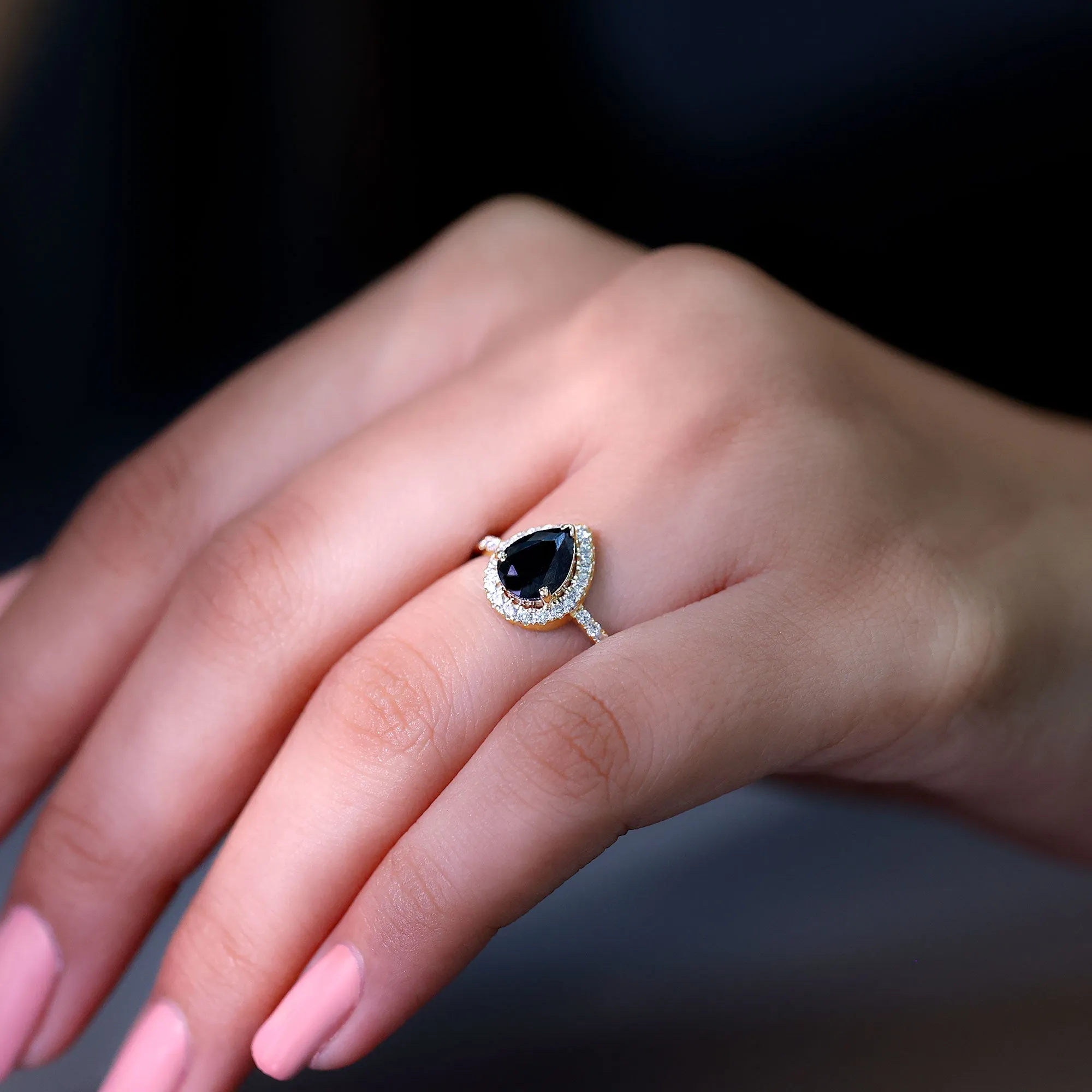 Black Onyx Teardrop Engagement Ring with Diamond