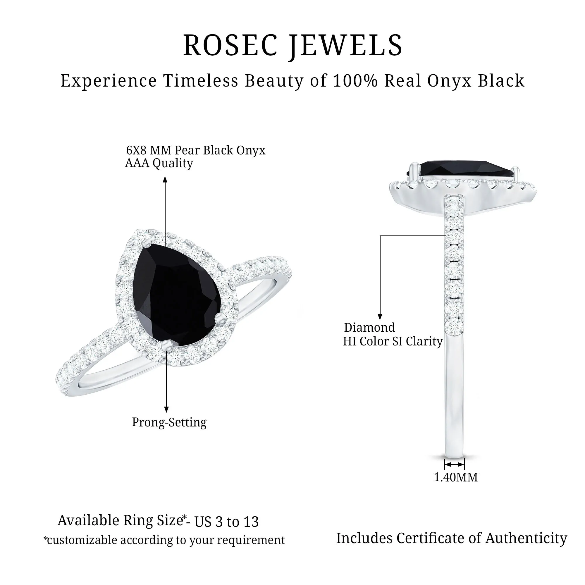 Black Onyx Teardrop Engagement Ring with Diamond