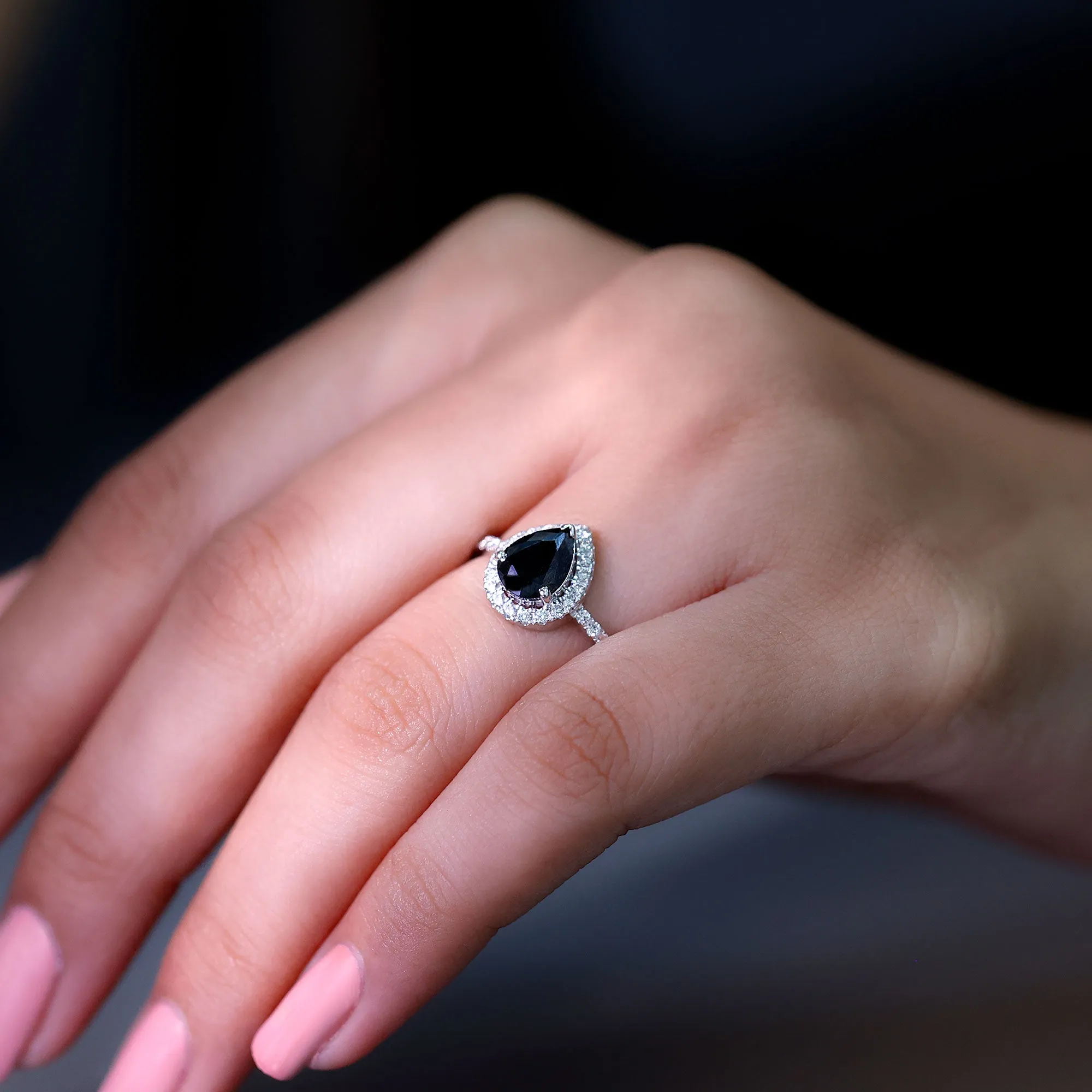 Black Onyx Teardrop Engagement Ring with Diamond