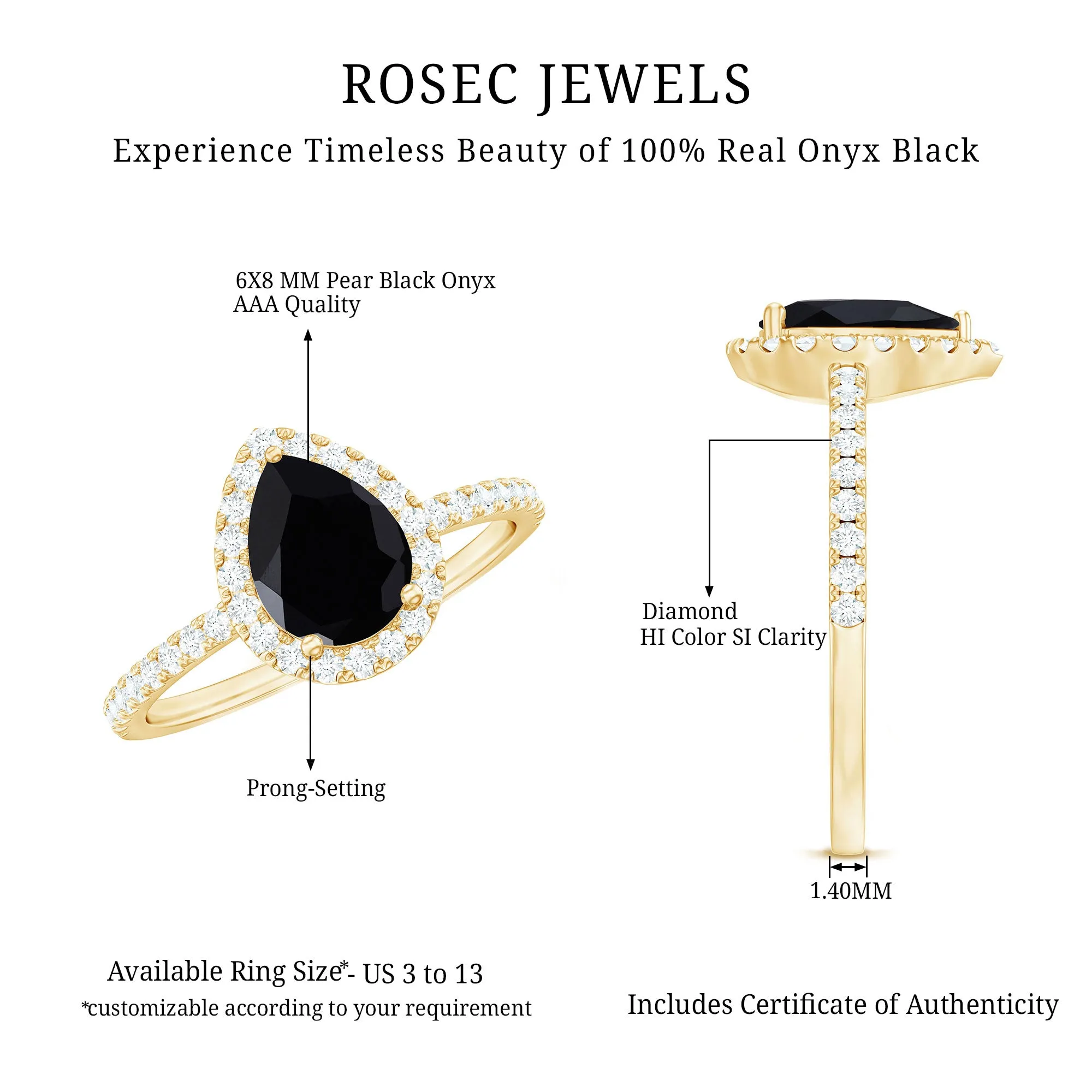 Black Onyx Teardrop Engagement Ring with Diamond