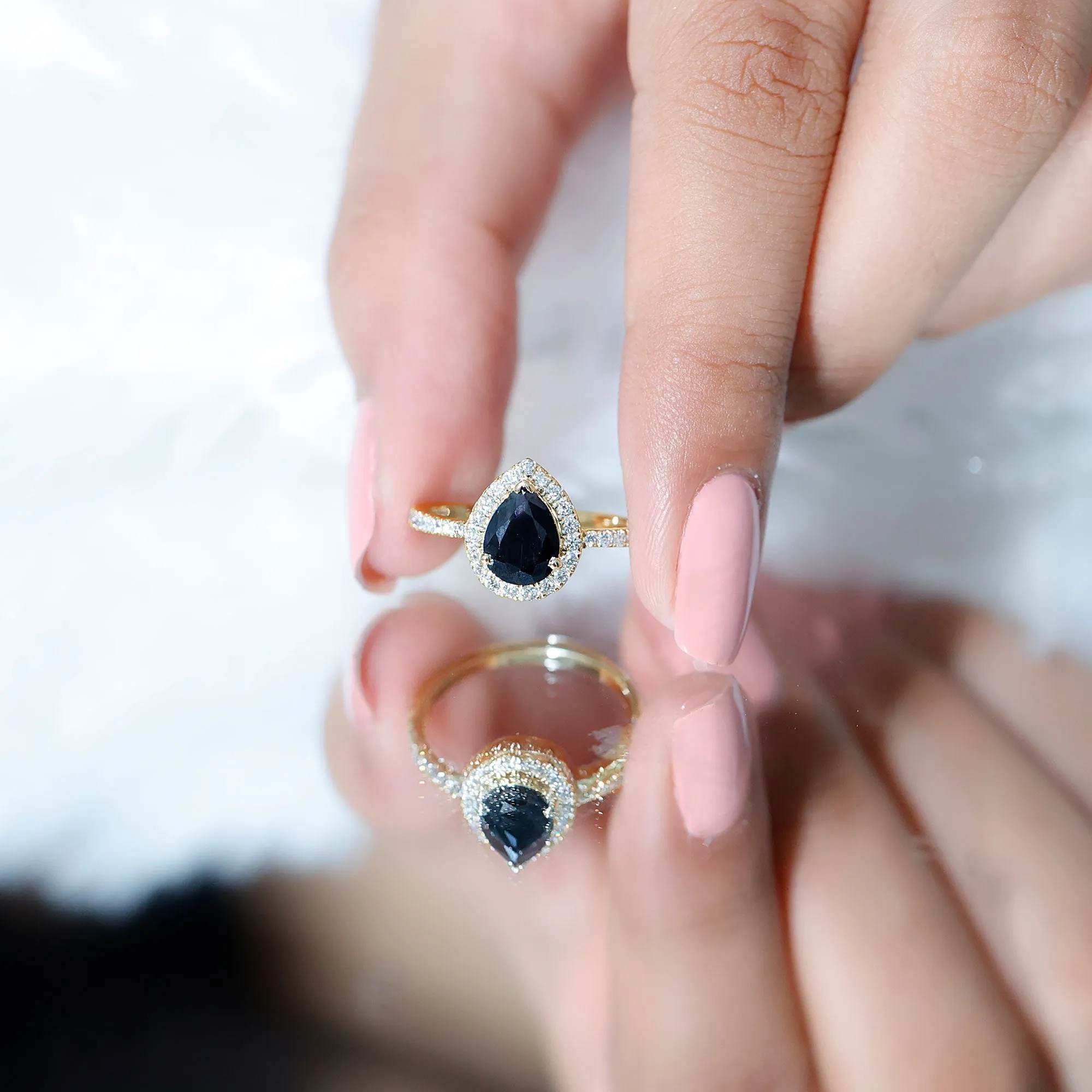 Black Onyx Teardrop Engagement Ring with Diamond