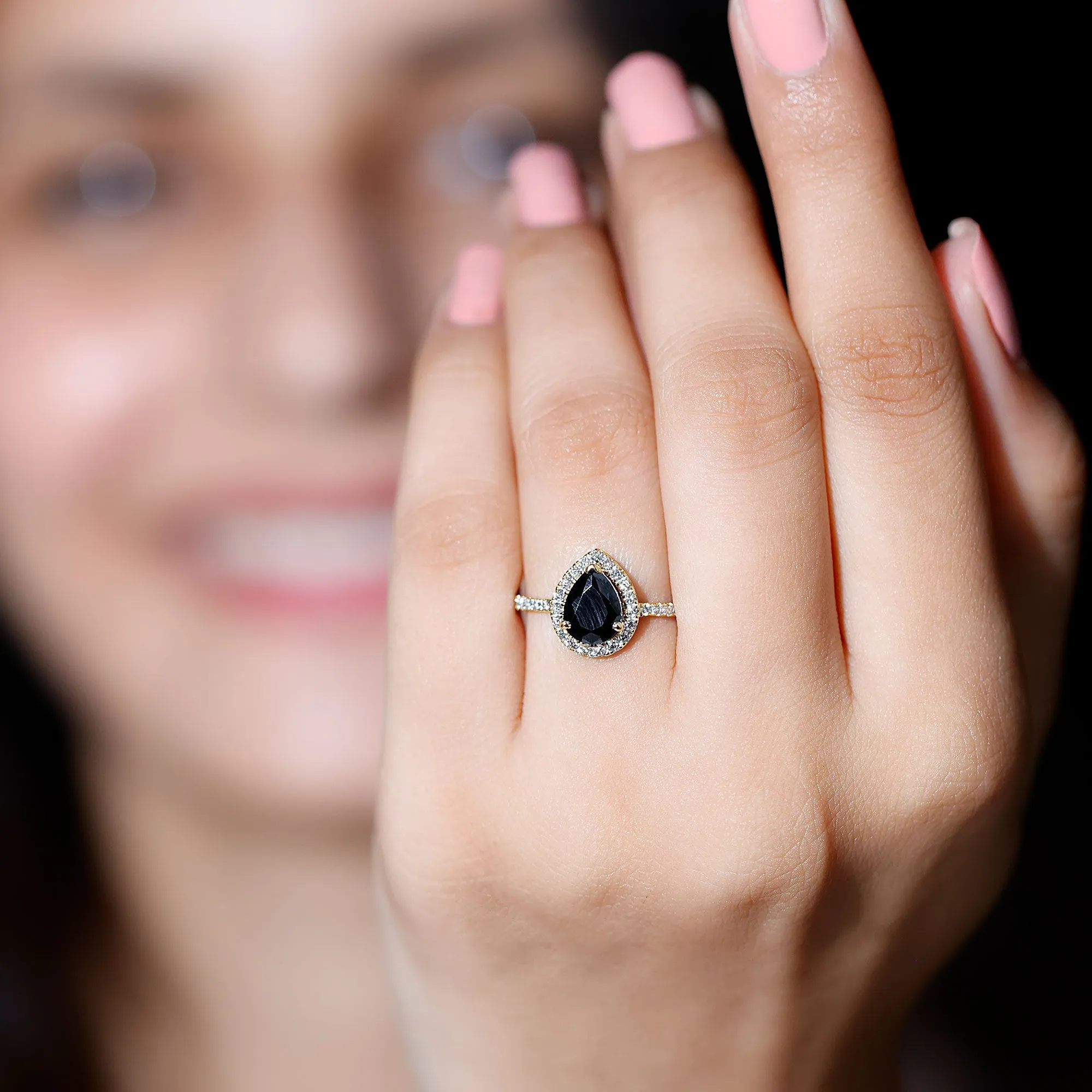 Black Onyx Teardrop Engagement Ring with Diamond