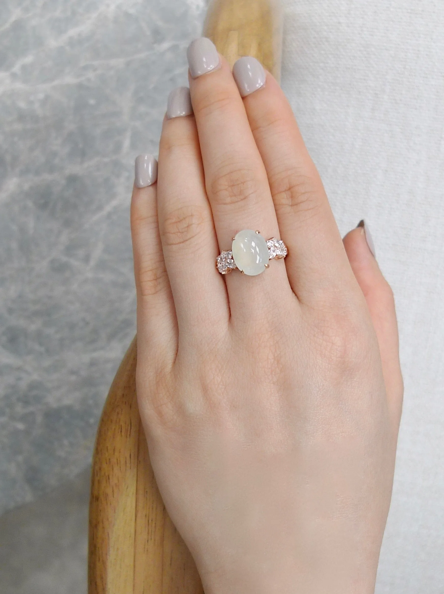 Certified Icy White Oval Natural Jade and Diamond Ring in Rose Gold