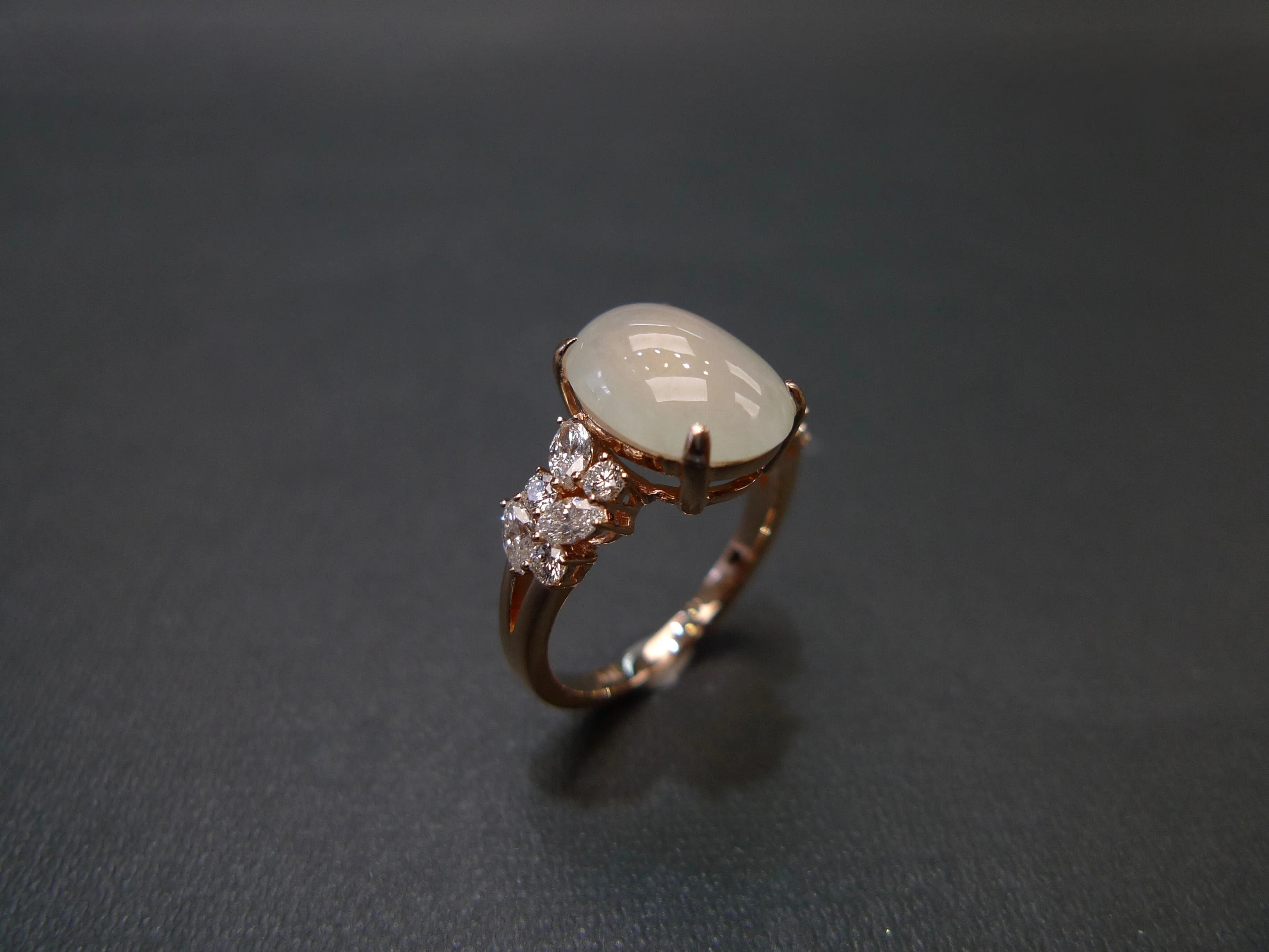 Certified Icy White Oval Natural Jade and Diamond Ring in Rose Gold
